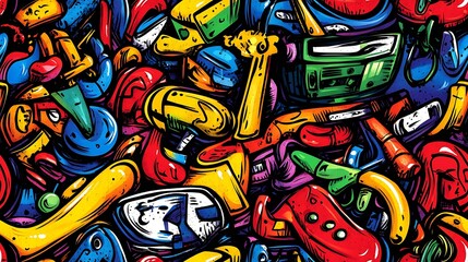Obraz premium A street art doodle pattern showcasing graffiti characters, boom boxes, skateboards, and vibrant sneakers, with a textured concrete wall in the background, dynamic color splashes and paint drips,