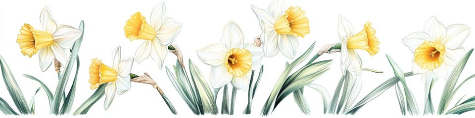 Fototapeta premium Elegant watercolor illustration of white and yellow daffodils with lush green leaves in a serene floral arrangement.