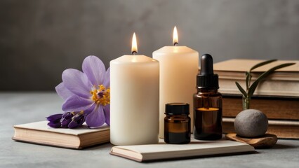 Candlelight Serenity: A tranquil and inviting scene with two burning candles, essential oils, and a flower, radiating warmth and relaxation. Perfect for spa, wellness, and aromatherapy themes.