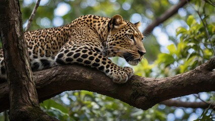 Leopard Resting in Tree: Majestic leopard lounging on a branch, showcasing its powerful build and stunning spots.