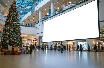 Wide blank horizontal banner inside a shopping mall, decorated for Christmas with a large Christmas tree, gifts, and holiday decorations.
Concept: horizontal holiday banner, Christmas mall, festive de