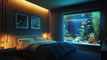 Fish tank nestled in a tranquil bedroom corner, offering a soft, relaxing ambiance perfect for winding down.