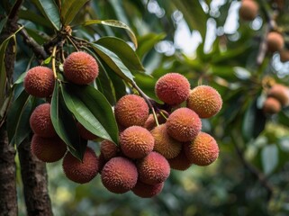 Lychee Orchard Abundance: A vibrant cluster of ripe lychees hangs heavy on a branch, glistening with dew, surrounded by lush green foliage.  A captivating image of nature's sweetness. 