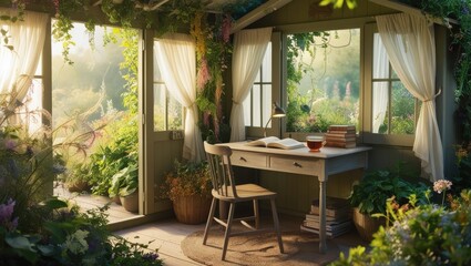 Fototapeta premium Serene Garden Studio: Tranquil and inviting, this cozy garden studio provides a perfect escape for writing, reading, or simply enjoying the peaceful ambiance.