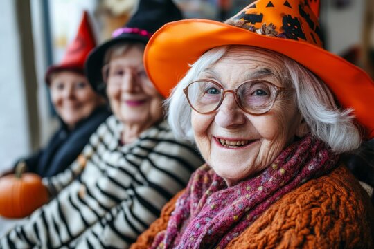 Elderly group in Halloween-themed costumes, smiling and enjoying a festive gathering, horizontal photo
Concept: Halloween, elderly celebration, costume party, community, fun