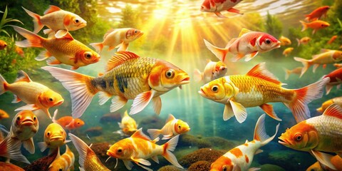 Fototapeta premium Elegant artwork showcasing golden koi swimming gracefully in a tranquil pond, embraced by vibrant foliage, embodying peace and serenity in an enchanting aquatic setting.