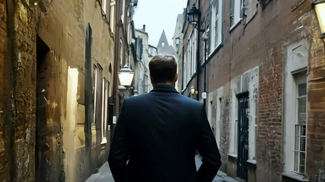Man is filmed from the waist up, walking smoothly with his back to the camera along a narrow city alley at dusk. His silhouette contrasts against the dim street lamps, and his purposeful stride create