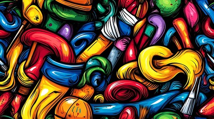 Obraz premium A vibrant artistic expression doodle pattern showcasing paintbrushes, paint splatters, palettes, and art easels, with swirling lines of color and paint strokes,
