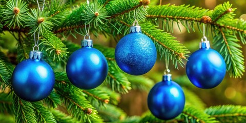 Elegant blue Christmas ornaments gracefully adorn spruce tree branches, embodying the essence of 2020's Color of the Year, creating a festive and serene atmosphere.