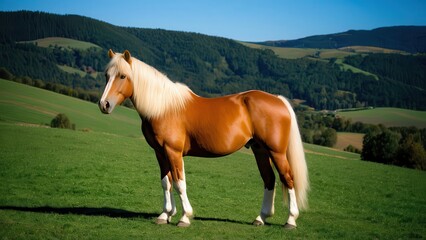 Fototapeta premium Graceful Haflinger horse looking left, highlighting its distinctive breed features. A versatile image for horse lovers, breeders, or equestrian design needs