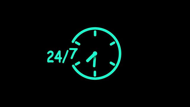 24 hours timer clock icon and all-time service 24/7-day. 24 hours 7 days clock timer icon.
