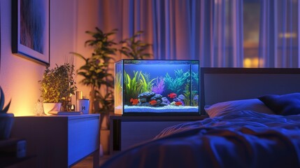 Stylish bedroom with a glowing aquarium on a nightstand, promoting tranquility and relaxation for the eyes.
