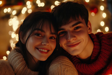 Generative AI image of mother father child couple family together by decorated Christmas tree holiday celebration themes