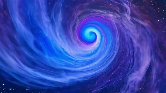 Flat lay view of a rotating nebula with scattered clusters of bright stars amidst swirling blue gas, covering the entire frame, creating a mesmerizing and cosmic visual full of depth and celestial bea