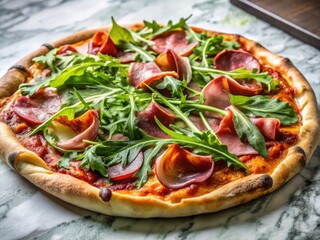 Elegant gourmet pizza with prosciutto and arugula, enhanced by truffle oil, presented on a stunning marble countertop. High-resolution image capturing the dish's beauty.