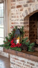 Fototapeta premium This charming Christmas lantern, adorned with pine cones and holly berries, adds a festive touch to the decor on a table in front of a rustic brick wall