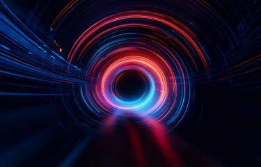 Obraz premium Circular red and blue light trails on a black background.