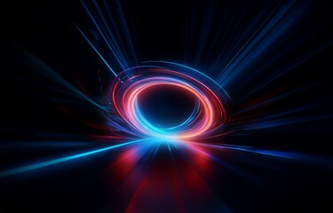 Obraz premium Abstract glowing blue and red light streaks converge in a circular pattern against a dark background.
