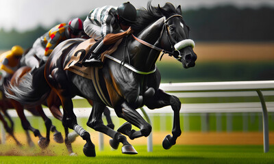 Fototapeta premium Pferderennen mit Jockey auf dem Feld