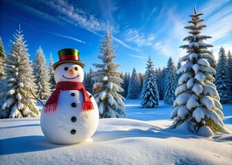 Fototapeta premium Real Life Snowman in a Winter Wonderland Scene with Snow-Covered Trees and Clear Blue Sky for Holiday Cheer