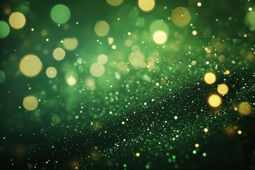 Obraz premium Sparkling glitter motion on green background. Luminous dust glow effects. Bokeh lights for backdrops. Twinkling stars and dazzling sparkles. Themes: valentine's, mother's day, weddings