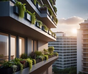 Fototapeta premium A modern apartment complex featuring green terraces and a rainwater harvesting system. The building’s sustainable design captures rainwater for reuse in the garden and green spaces, promoting urban ec