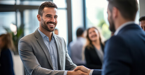 young businesspeople shake hands warmly, sealing a successful business deal during a networking event. The atmosphere is professional.