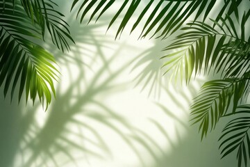 Obraz premium Palm leaves creating silhouettes on bright background. Realistic tropical leaf shadow display mockup