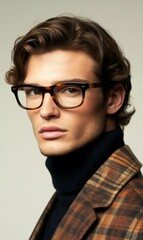 Fototapeta premium Man in glasses, turtleneck, and plaid jacket.
