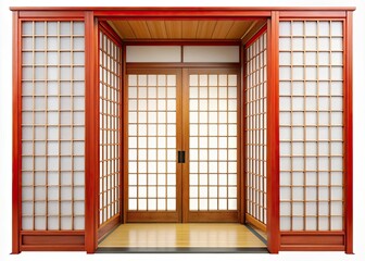 Elegant traditional Japanese shoji door serves as a stunning room divider, enhancing interior design with its delicate paper screens and wooden frames against a white backdrop.