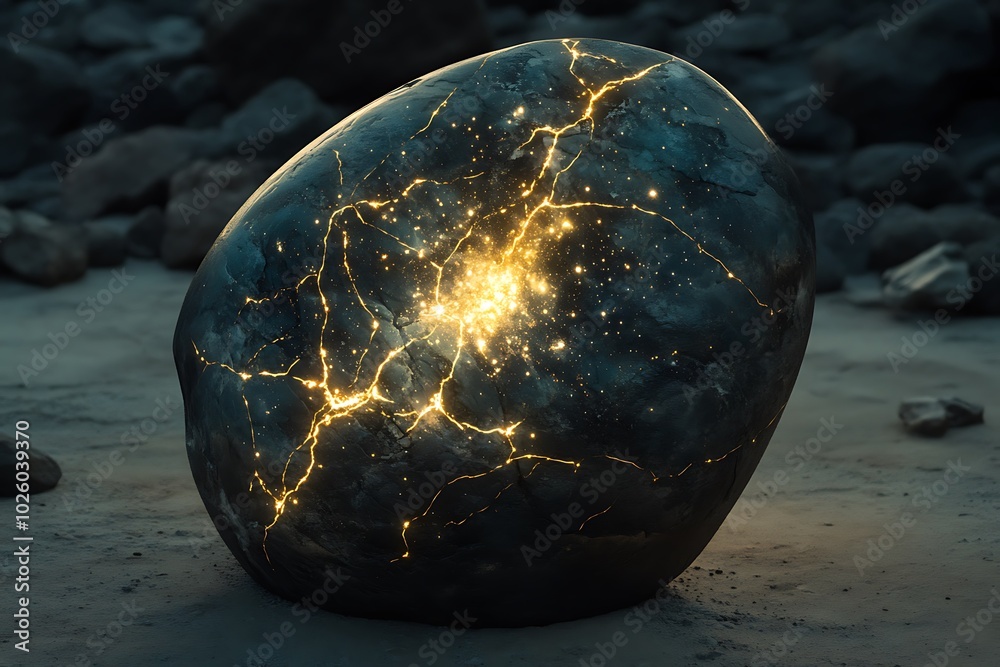 Poster Glowing rock with intricate patterns on a dark surface.