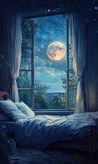 A bed by a window overlooking a moonlit town.