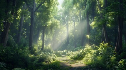 Fototapeta premium Lush forest path illuminated by soft sunlight, green foliage.