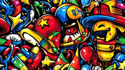 Obraz premium A vibrant fiesta-themed doodle pattern showcasing maracas, piñatas, confetti, and party hats, surrounded by swirling streamers, balloons, and stars, set against a bright and festive backdrop,