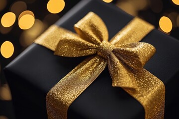 Chic dark gift package decorated with golden bow and ribbon