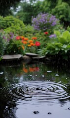 Naklejka premium Raindrops create ripples in a pond.