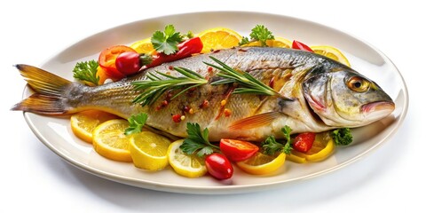 Elegant white plate showcasing freshly cooked fish, presented against a pristine white background, perfect for culinary presentation and enticing food photography.
