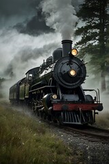 Fototapeta premium Vintage Steam Train on a Foggy Forest Railway with Headlights On