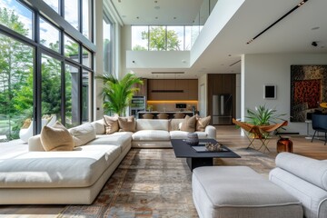 Fototapeta premium A modern living room with a large couch and a coffee table, generative ai image