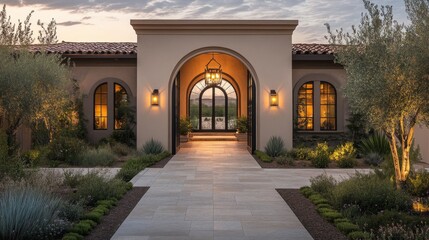 Modern house with arched entrance and stone pathway.