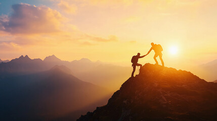 Silhouette of Hikers Helping Each Other Climb a Mountain at Sunrise. Teamwork and Adventure Concept.