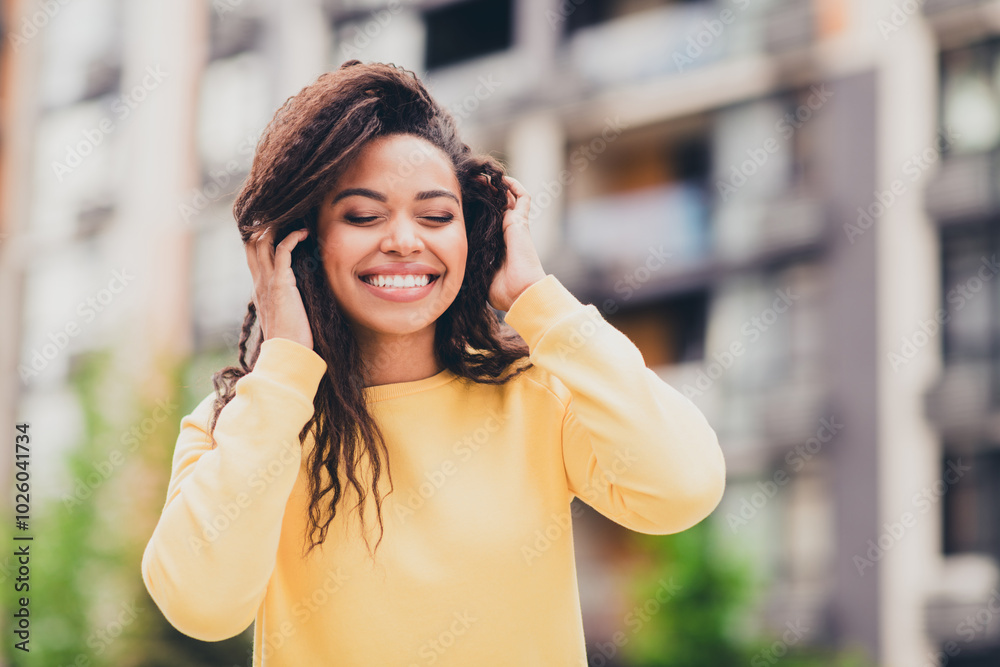 Wall mural portrait of pretty optimistic cheerful girl wear yellow stylish clothes good mood walk city autumn d