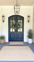 This festive wreath made of eucalyptus and bright red berries is beautifully displayed on a dark navy blue door, enhanced by a lush green ribbon for a seasonal touch