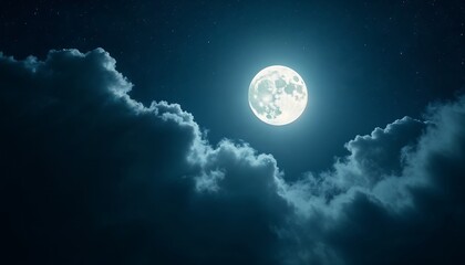 A bright, full moon glowing in a starry night sky with dark clouds drifting across it