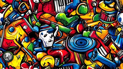 Fototapeta premium A vibrant music doodle pattern showcasing guitars, pianos, trumpets, and violins, with abstract sound waves, vinyl records, and microphones, set against a bright and dynamic background, vivid colors,