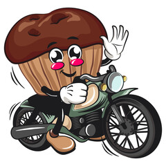kawaii cartoon chocolate muffin with chocolate chip character mascot isolated vector illustration riding a big motorcycle, work of hand drawn