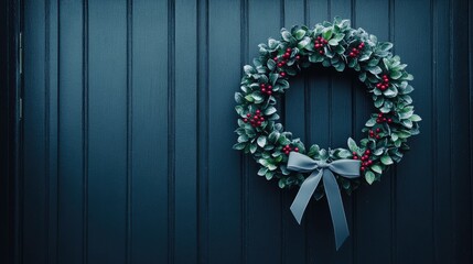 This festive wreath made of eucalyptus and bright red berries is beautifully displayed on a dark navy blue door, enhanced by a lush green ribbon for a seasonal touch
