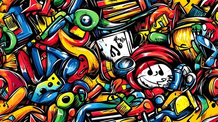 A vibrant music-themed doodle pattern showcasing electric guitars, pianos, saxophones, and drums, surrounded by abstract sound waves, musical notes, and headphones, with a neon background,