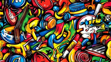 Obraz premium A vibrant music-themed doodle pattern showcasing electric guitars, pianos, saxophones, and drums, surrounded by abstract sound waves, musical notes, and headphones, with a neon background,