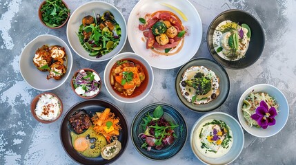 Assortment of healthy food dishes. Top view. Free space for your text.